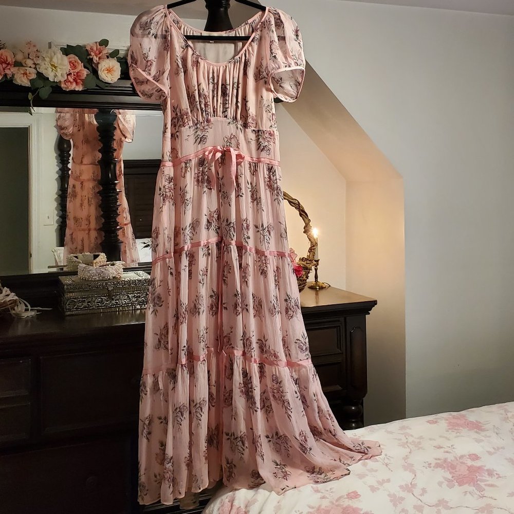 LoveShackFancy Audra Silk Midi Dress in Pink Canopy